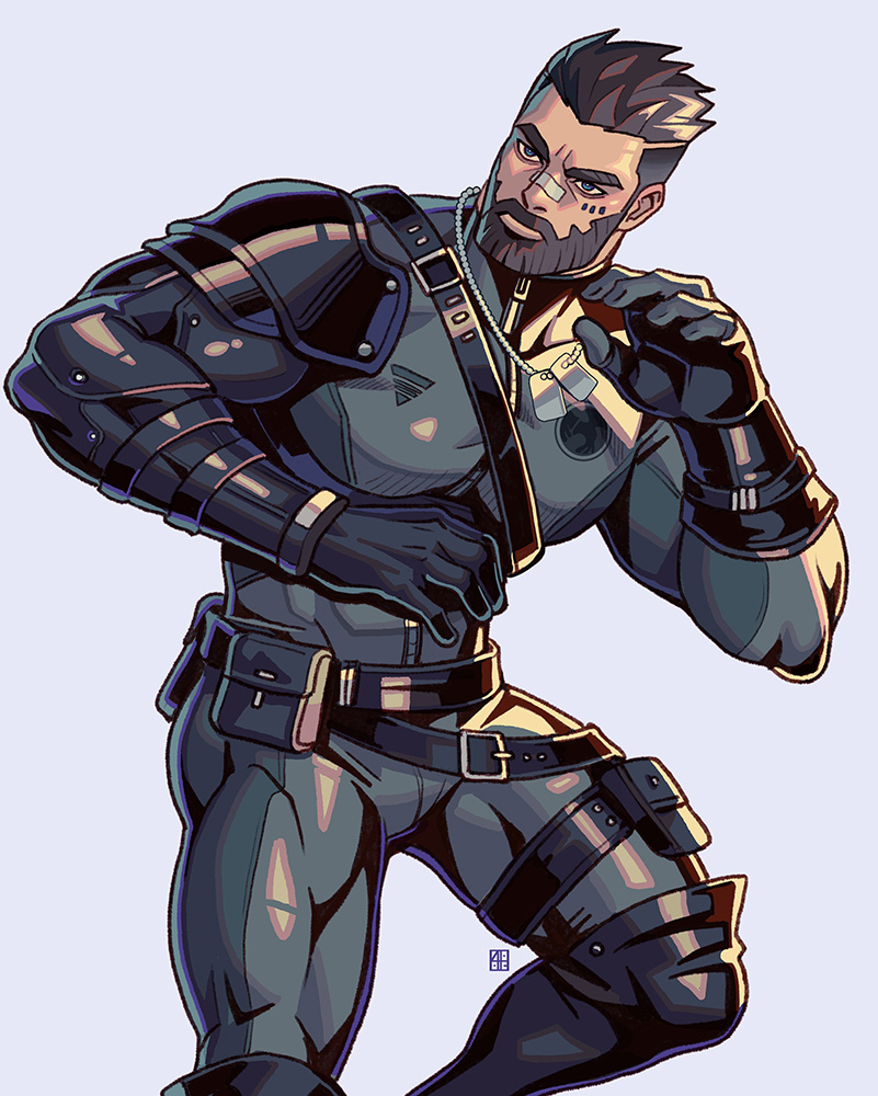 1boy, alejandro_tio, bandaid, bandaid_on_nose, bara, beard, black_bodysuit, bodysuit