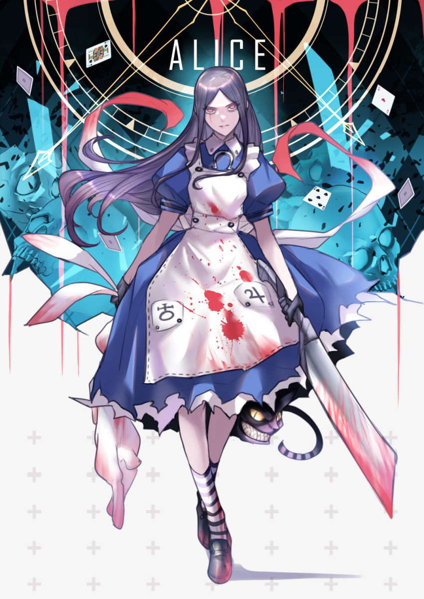 1girl, alice_(wonderland), alice_in_wonderland, american_mcgee's_alice, apron, ban!_(bansankan), bangs, black_hair