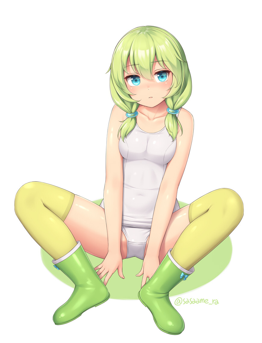 1girl, bare_arms, bare_shoulders, blue_eyes, boots, closed_mouth, covered_navel, eyebrows_visible_through_hair, full_body, green_footwear, kaeru_(sasaame), looking_at_viewer, low_twintails, one-piece_swimsuit, original, rubber_boots, sasaame, school_swimsuit, sitting, solo, spread_legs, swimsuit, thigh-highs, twintails, twitter_username, white_background, white_swimsuit, yellow_legwear