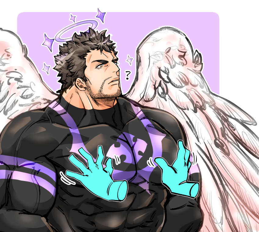 1boy, 1other, ?, angel, angel_wings, bara, beard, black_bodysuit