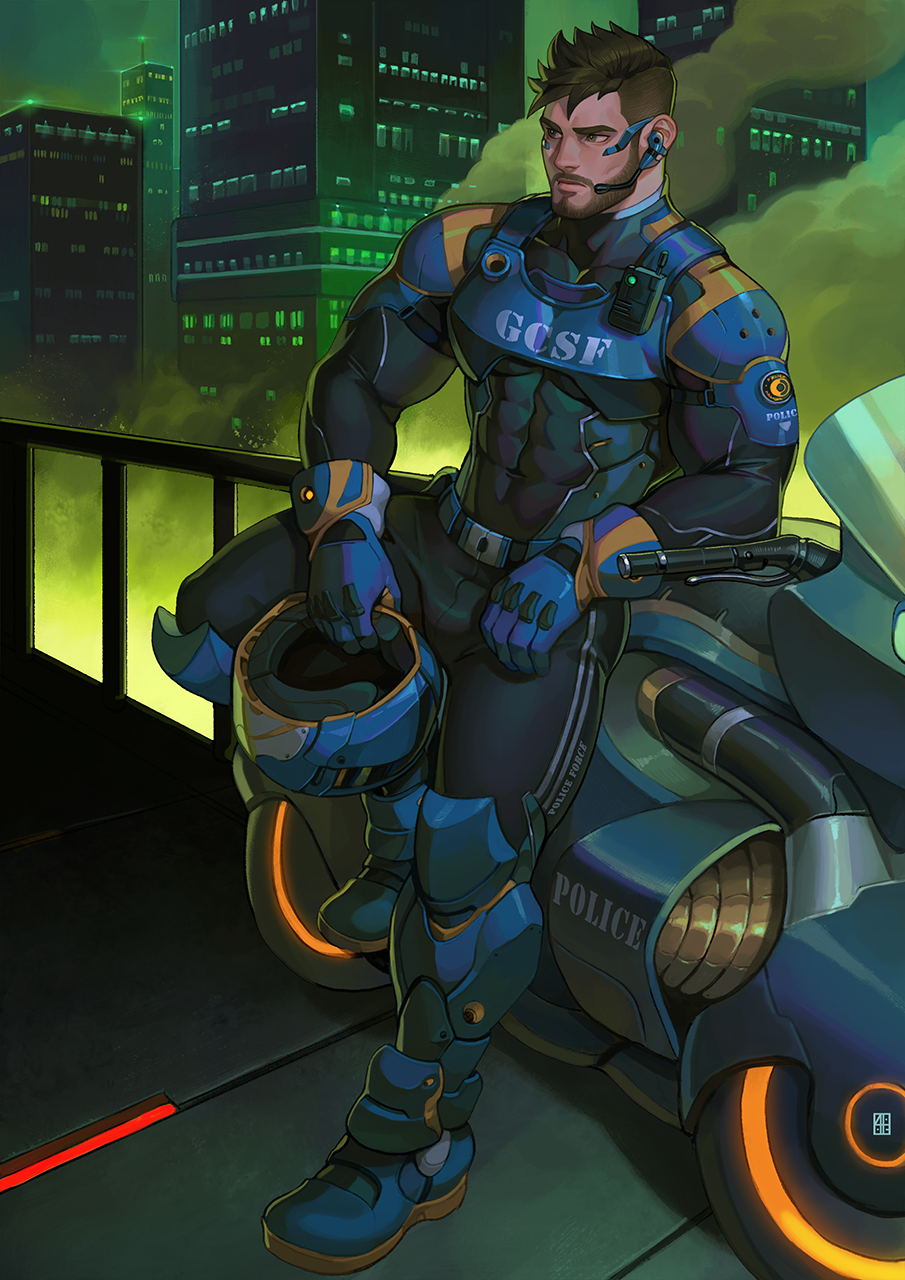 1boy, alejandro_tio, armor, bara, beard, bulge, character_request, chest