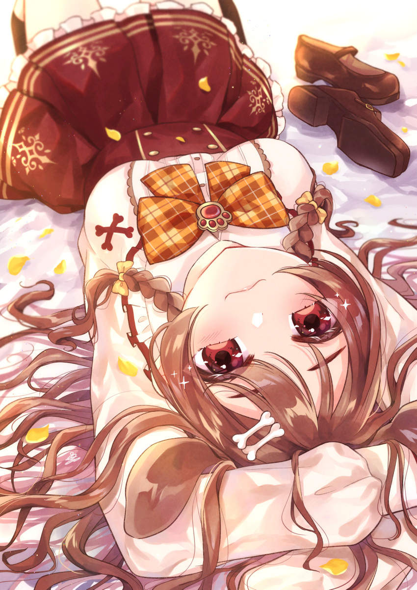 1girl, :3, animal_ears, arms_up, bangs, blurry, bone_hair_ornament, bow, bowtie, braid, brooch, brown_eyes, brown_hair, cartoon_bone, closed_mouth, depth_of_field, dog_ears, dog_girl, dutch_angle, feet_out_of_frame, frilled_skirt, frills, from_above, hair_between_eyes, hair_ornament, hairclip, high-waist_skirt, highres, hololive, inugami_korone, jewelry, long_hair, long_sleeves, looking_at_viewer, lying, mary_janes, nanawo_(7nanawo), on_back, on_bed, plaid_neckwear, puffy_sleeves, red_skirt, shirt, shoes, shoes_removed, skirt, smile, solo, sparkle, twin_braids, virtual_youtuber, white_shirt, yellow_neckwear
