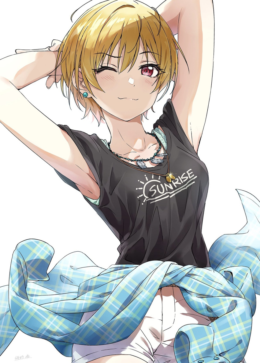 1girl, ;), armpits, arms_behind_head, arms_up, artist_name, ayano_yuu_(sonma_1426), bangs