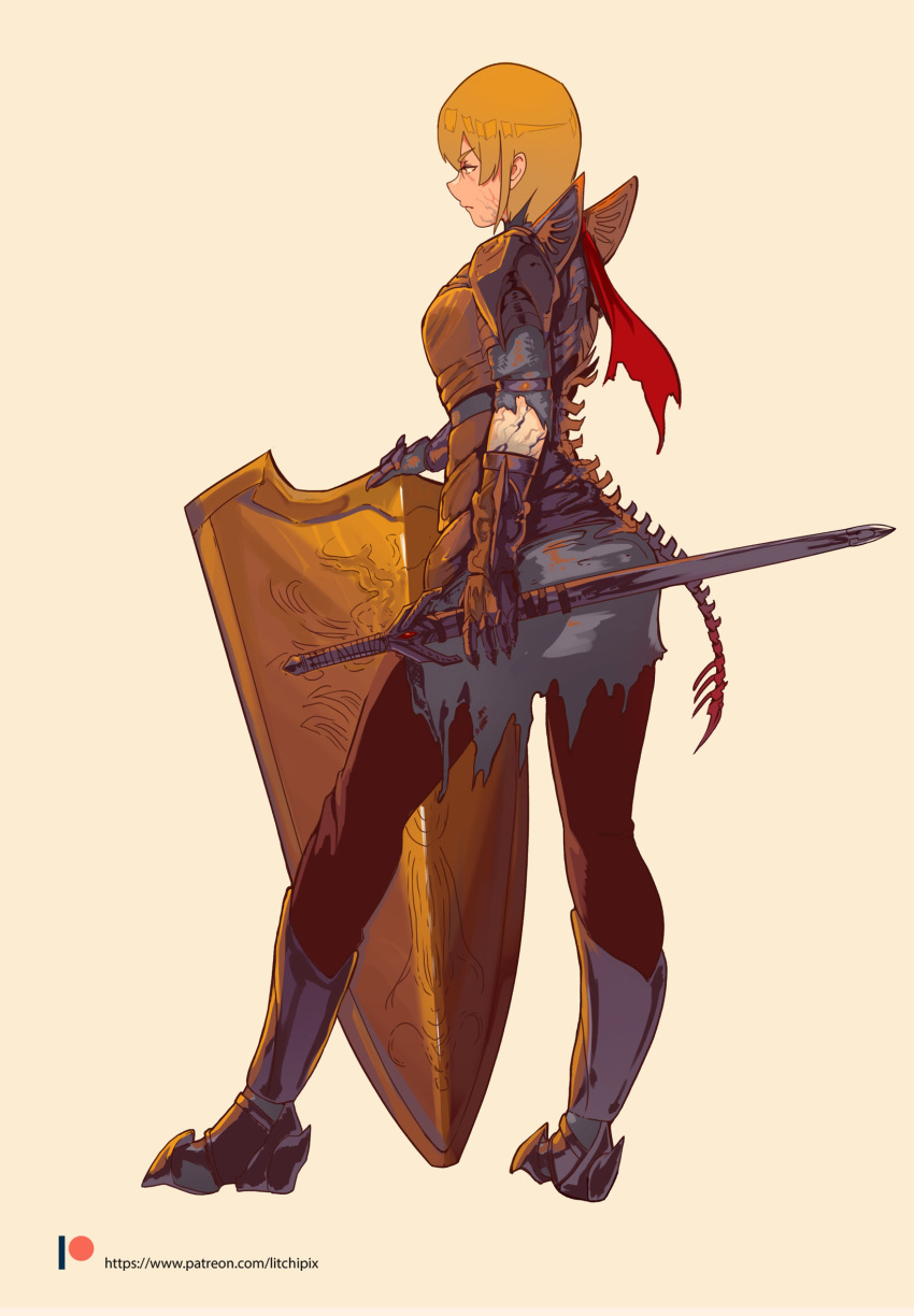 1girl, armor, armored_boots, black_pants, blonde_hair, boots, breastplate, commentary, commission, corruption, english_commentary, from_side, gauntlets, highres, knight, litchipix, moon_fall:_kingdom_come, pants, reverse_grip, sheath, sheathed, shield, short_hair, solo, sword, tail, veins, weapon, zolki_(moon_fall)