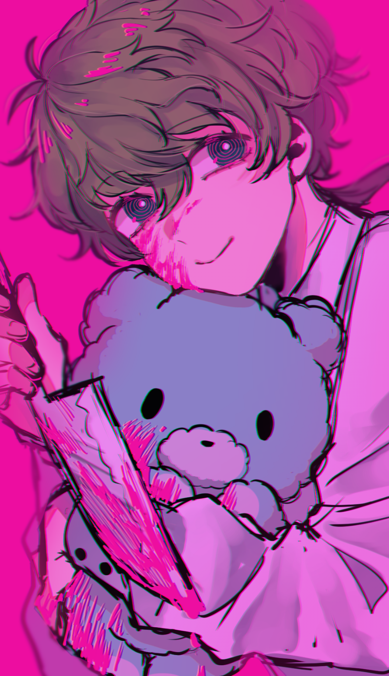 1boy, @_@, aji04, blood, blood_on_face, bloody_clothes, bloody_knife, bloody_weapon, blue_eyes, chromatic_aberration, green_eyes, hair_between_eyes, highres, holding, holding_knife, holding_stuffed_toy, kimi_ga_shine, knife, long_sleeves, low_ponytail, midori_(kimi_ga_shine), pink_blood, ponytail, rattail, reverse_grip, shirt, simple_background, smile, solo, spoilers, stuffed_animal, stuffed_toy, teddy_bear, weapon, white_shirt