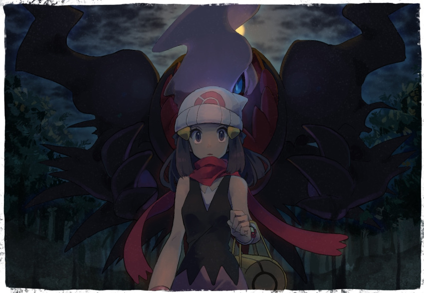 1girl, bag, beanie, black_hair, clouds, commentary_request, darkrai, hikari_(pokemon)