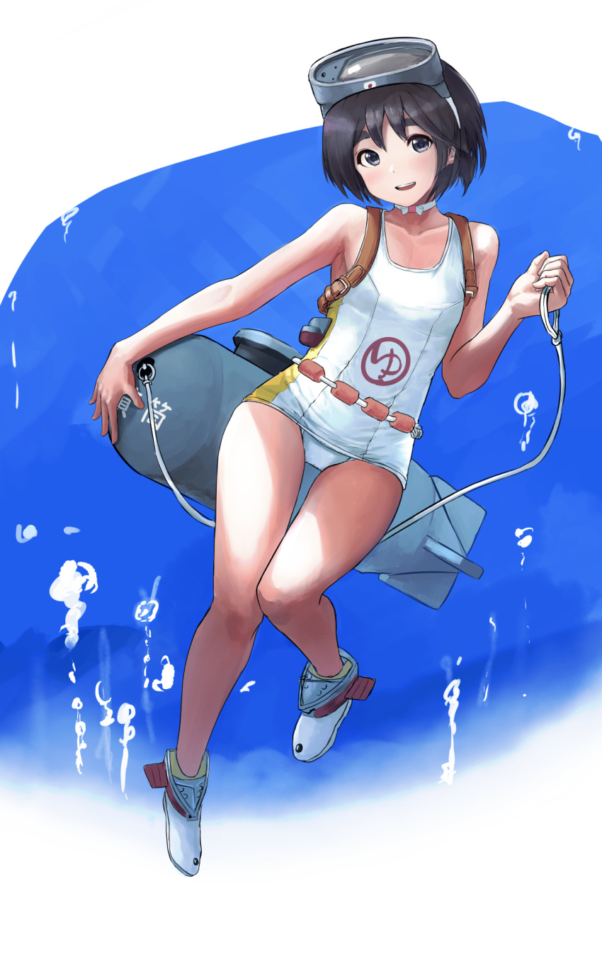 1girl, air_bubble, black_hair, boots, border, brown_eyes, bubble, collarbone, commentary, diving, diving_mask, diving_mask_on_head, flotation_belt, freediving, full_body, grey_hair, highres, kantai_collection, kibitarou, machinery, maru-yu_(kantai_collection), one-piece_swimsuit, school_swimsuit, short_hair, smile, solo, submerged, swimming, swimsuit, thick_eyebrows, underwater, water, white_border, white_swimsuit