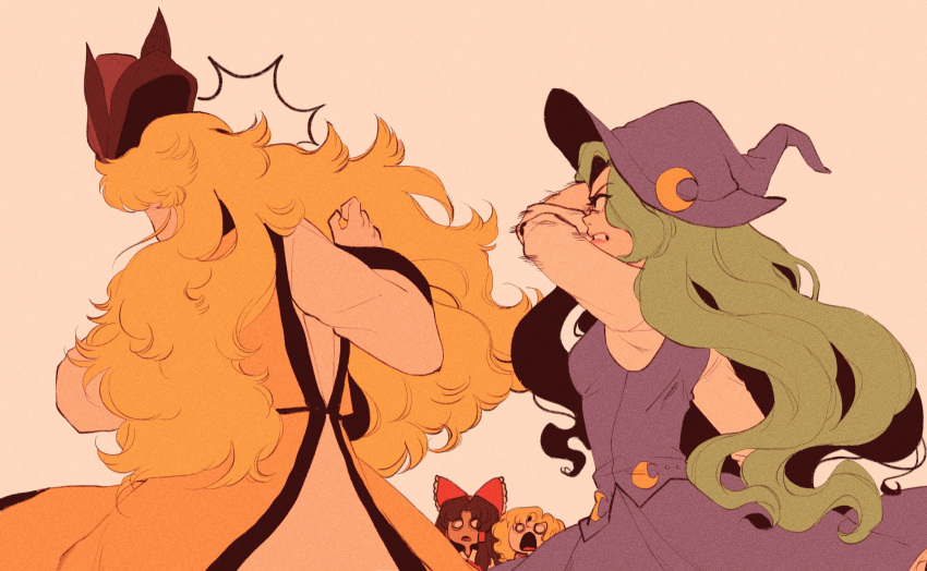 4girls, angry, ascot, black_headwear, blonde_hair, blue_headwear, blue_skirt, blue_vest