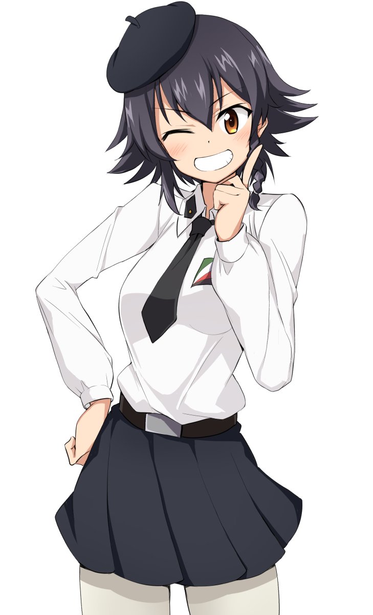 1girl, anzio_school_uniform, bangs, belt, beret, black_belt, black_hair, black_headwear