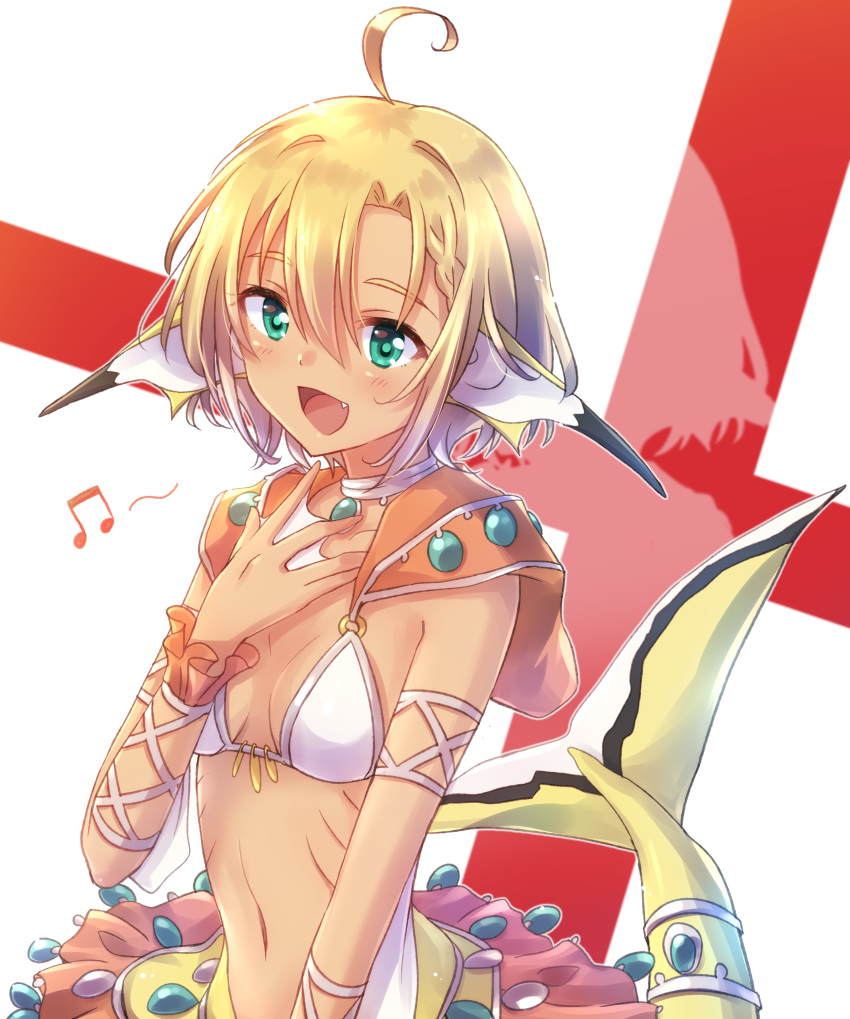 absurdres, ahoge, bikini, blonde_hair, breasts, fang, green_eyes, highres