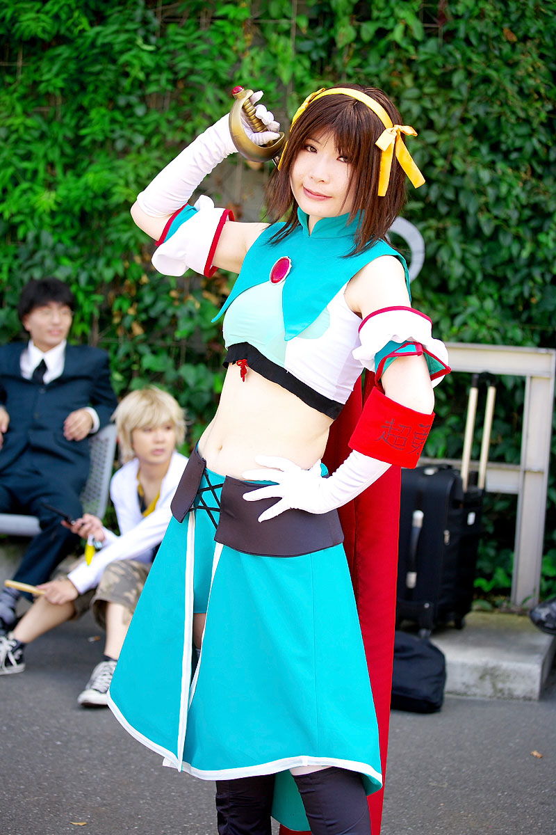 armband, cape, cosplay, hair_ribbons, halter_top, leggings, midriff, ousawa_karin