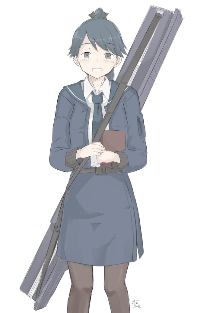 1girl, belt, black_belt, black_legwear, blue_jacket, blue_neckwear, blue_skirt, blush, bomber_jacket, book, cosplay, dated, eyebrows_visible_through_hair, gun_case, hair_ribbon, holding, holding_book, hornet_(kantai_collection), hornet_(kantai_collection)_(cosplay), houshou_(kantai_collection), jacket, kantai_collection, kusakasima, long_hair, necktie, pantyhose, pencil_skirt, ponytail, ribbon, shirt, simple_background, skirt, solo, twitter_username, white_background, white_shirt