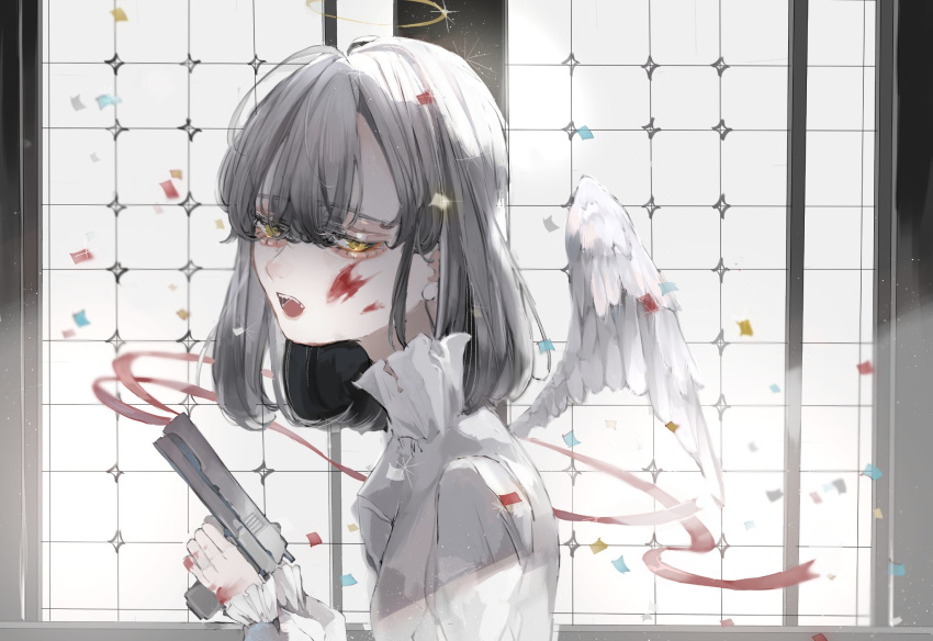 1girl, angel, angel_wings, blood, blood_on_face, bloody_hands, confetti, eyebrows_visible_through_hair, eyes_visible_through_hair, frilled_sleeves, frills, grey_hair, gun, hair_between_eyes, half-closed_eyes, halo, handgun, highres, holding, holding_gun, holding_weapon, indoors, isshiki_shime, light_particles, light_rays, medium_hair, mini_wings, open_mouth, original, solo, teeth, tongue, upper_body, weapon, white_theme, wings, yellow_eyes