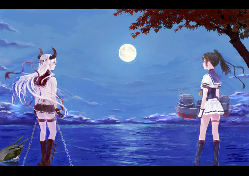 2girls, absurdres, abyssal_ship, air_defense_princess, akizuki_(kantai_collection), black_border, black_footwear, black_gloves