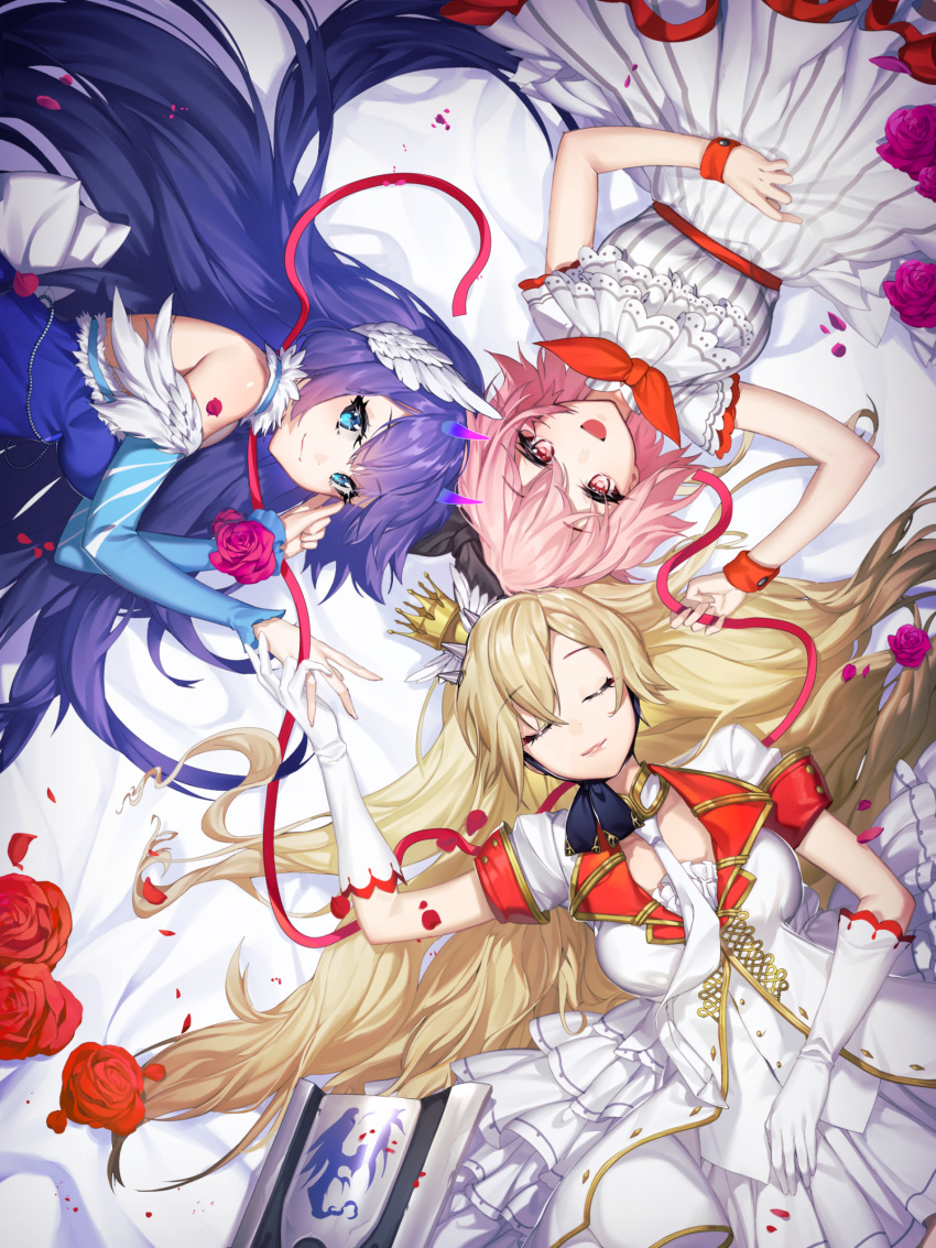 3girls, absurdres, bare_shoulders, blonde_hair, blue_eyes, blue_hair, bow, breasts