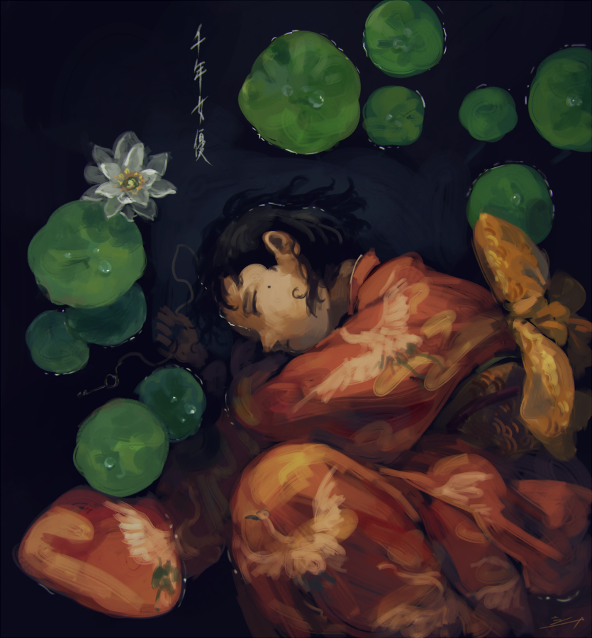 1girl, bird, black_hair, closed_eyes, crane_(animal), flower, fujiwara_chiyoko, furisode