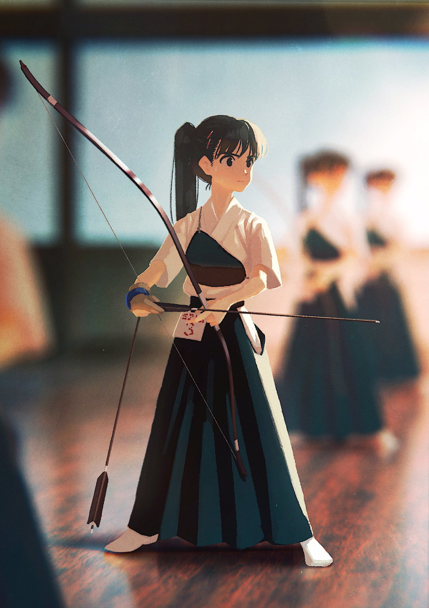 4girls, archery, archery_dojo, arrow_(projectile), black_hair, blue_hakama, blurry, bow_(weapon)