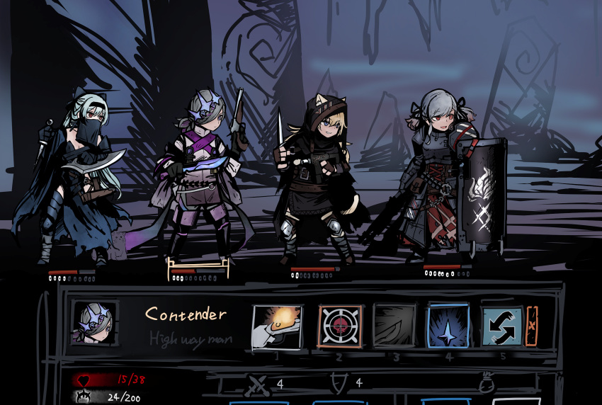 4girls, alternate_costume, armor, axe, battle_axe, bayonet, cape, character_name, contender_(dragon's_son)_(girls_frontline), contender_(girls_frontline), crossover, dagger, darkest_dungeon, english_text, full_armor, gameplay_mechanics, girls_frontline, gun, handgun, highres, holding, holding_weapon, idw_(cloak_and_cat_ears)_(girls_frontline), idw_(girls_frontline), knife, multiple_girls, pistol, rampart1028, shield, shotgun, spas-12_(girls_frontline), spas-12_(goblin_huntress)_(girls_frontline), tokarev_(girls_frontline), tokarev_(griffin's_dancer)_(girls_frontline), weapon