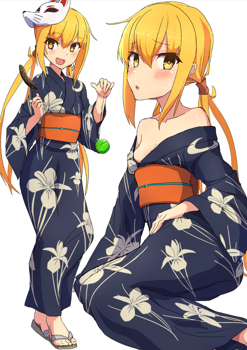 1girl, :o, alternate_costume, bangs, blue_kimono, blush, breasts, chocolate_banana