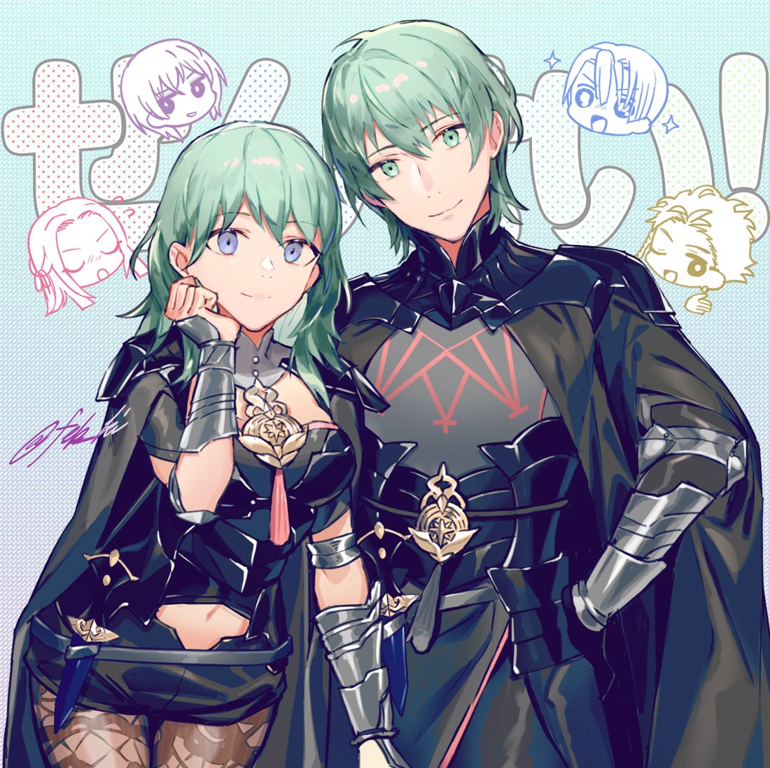 1boy, 1girl, armor, black_shorts, byleth_(fire_emblem), byleth_eisner_(female), byleth_eisner_(male), claude_von_riegan