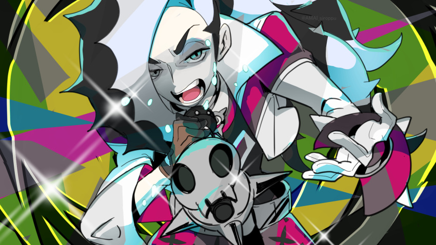 1boy, belt, black_hair, commentary_request, cropped_jacket, dabu_(dabuchan), gloves, gym_leader, hair_over_one_eye, highres, holding, holding_microphone, jacket, long_hair, male_focus, microphone, multicolored_hair, music, open_mouth, piers_(pokemon), pokemon, pokemon_(game), pokemon_swsh, singing, solo, sparkle, teeth, tongue, two-tone_hair, white_hair, white_jacket