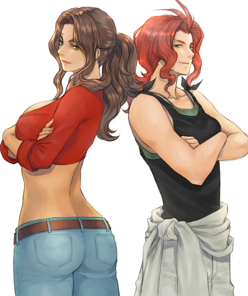 2girls, amida_arca, back-to-back, blue_eyeshadow, breasts, brown_hair, crossed_arms, dark_skin