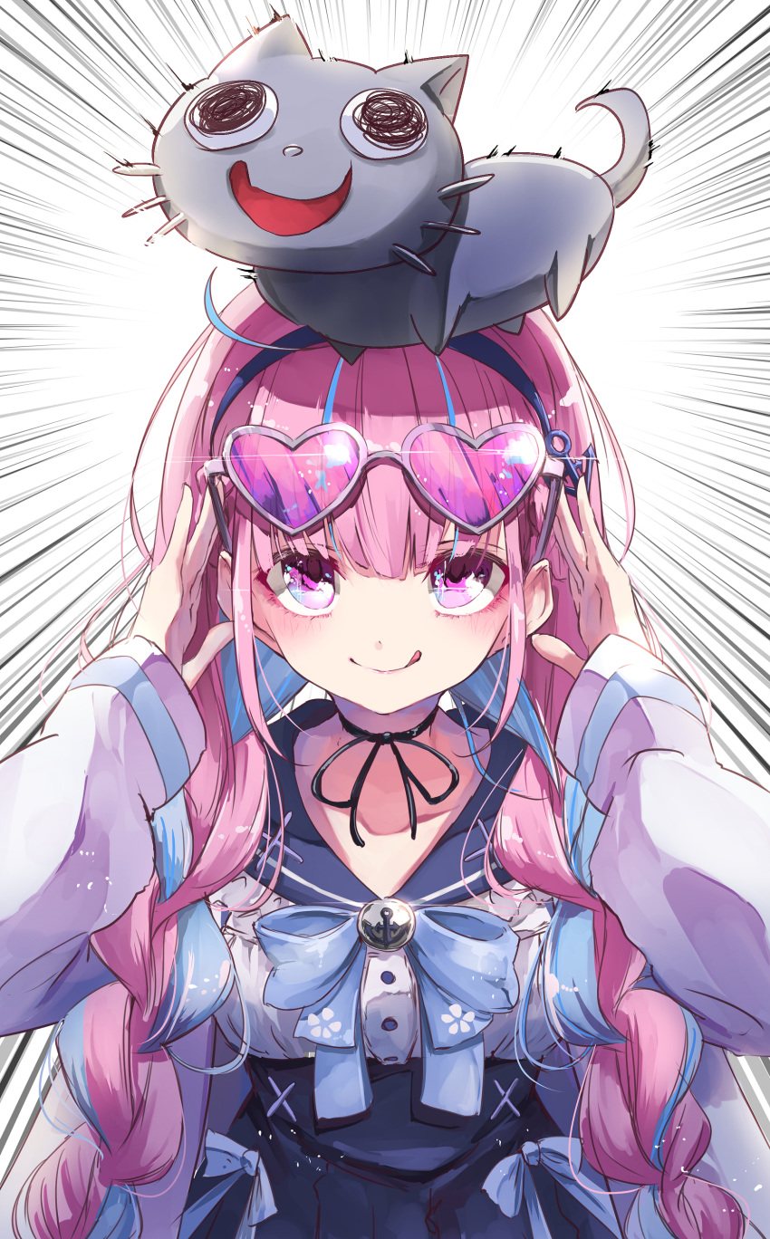 1girl, :3, :d, absurdres, ahoge, anchor_hair_ornament, anchor_symbol, animal_ears, animal_on_head, bangs, black_choker, black_eyes, blue_bow, blue_hair, blue_hairband, blue_sailor_collar, blue_skirt, blush, bow, braid, breasts, buttons, cat, cat_ears, cat_nose, cat_on_head, choker, closed_mouth, collarbone, commentary_request, emphasis_lines, eyebrows_visible_through_hair, eyewear_on_head, grey_fur, hair_ornament, hairband, hands_up, heart, heart-shaped_eyewear, highres, hololive, long_hair, long_sleeves, looking_at_another, looking_away, looking_up, minato_aqua, multicolored_hair, neko_(minato_aqua), ninniku_mashimashi, official_alternate_costume, on_head, open_mouth, pink_hair, pleated_skirt, print_bow, purple-tinted_eyewear, ribbon, ribbon_choker, sailor_collar, shirt, silver-framed_eyewear, simple_background, skirt, smile, spiral_eyes, tongue, tongue_out, twin_braids, twintails, two-tone_hair, very_long_hair, violet_eyes, virtual_youtuber, white_background, white_shirt