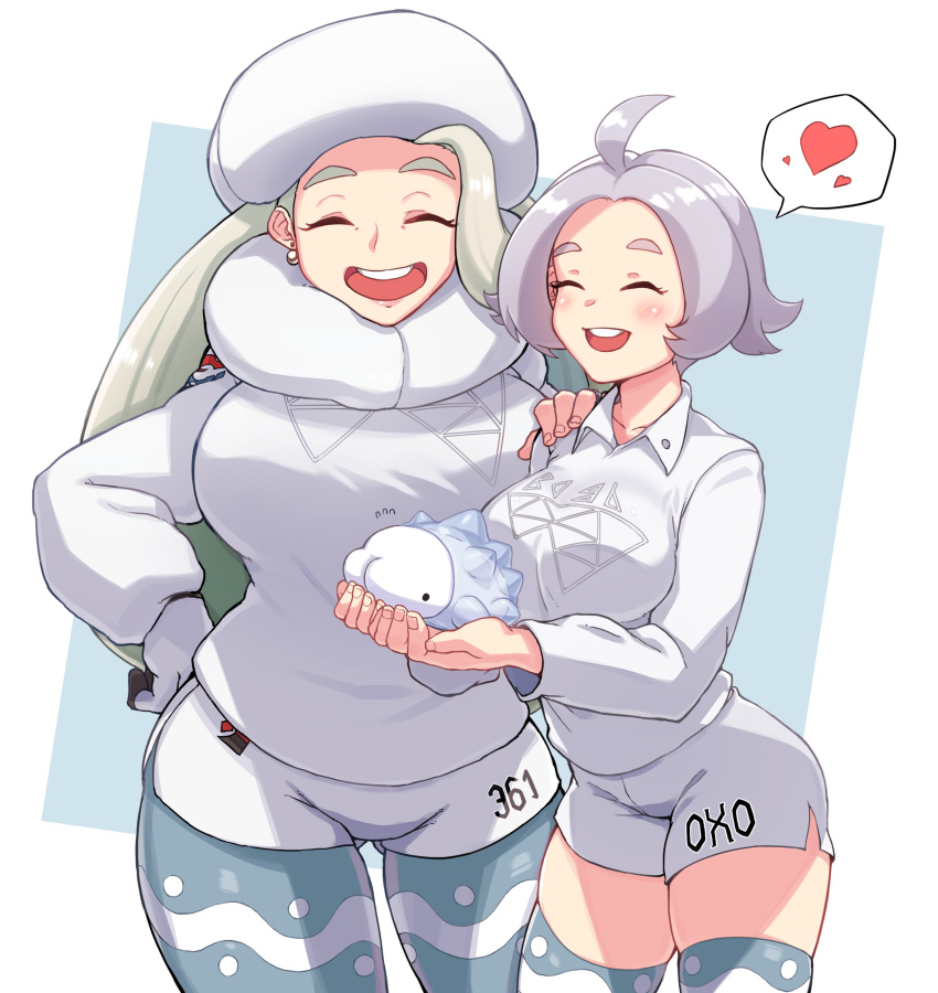 2girls, absurdres, ahoge, blush, breasts, cleanerjay, closed_eyes, commentary_request, earrings, eyelashes, gen_8_pokemon, gloves, gym_leader, gym_trainer_(pokemon), hand_on_another's_shoulder, hat, heart, highres, holding, holding_pokemon, jewelry, korean_commentary, legwear_under_shorts, long_hair, melony_(pokemon), multiple_girls, number, open_mouth, pantyhose, pokemon, pokemon_(creature), pokemon_(game), pokemon_swsh, scarf, shorts, side_slit, side_slit_shorts, single_glove, snom, spoken_heart, sweater, teeth, thigh-highs, tongue, white_headwear, white_scarf, white_sweater