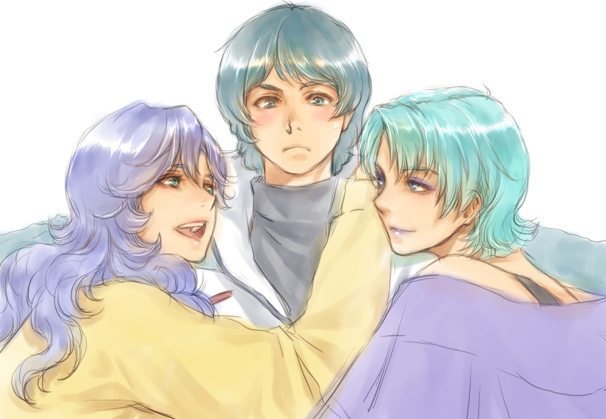 1boy, 2girls, blue_eyes, blue_hair, blush, four_murasame, gundam, kamille_bidan