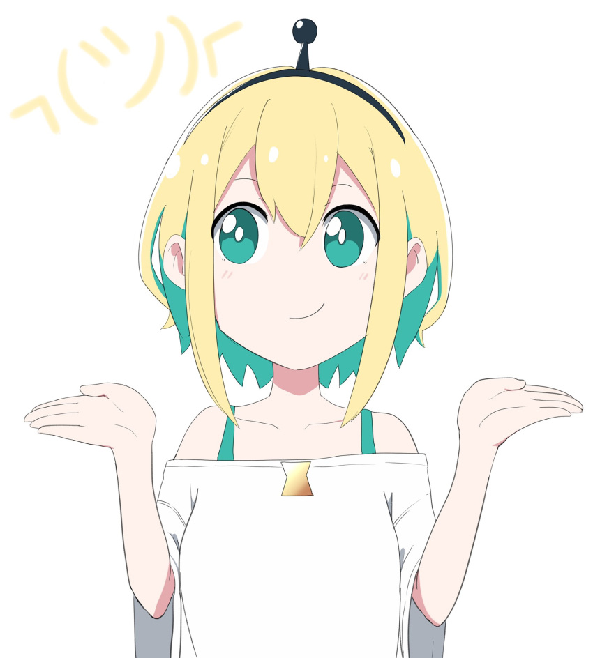 1girl, aimusu, amano_pikamee, bangs, bare_shoulders, black_hairband, blonde_hair, collarbone