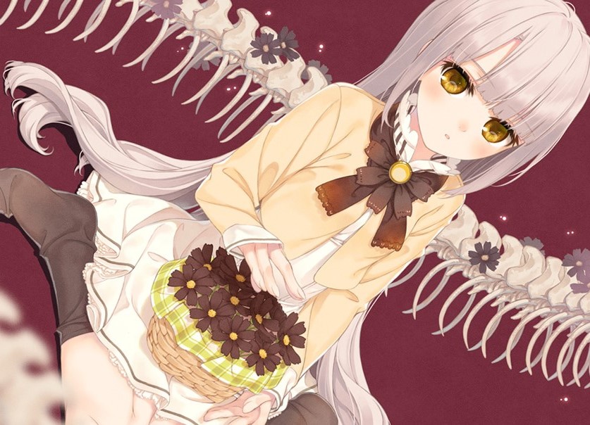 1girl, amamiya_chiharu, basket, black_flower, black_legwear, dress, flower, long_hair