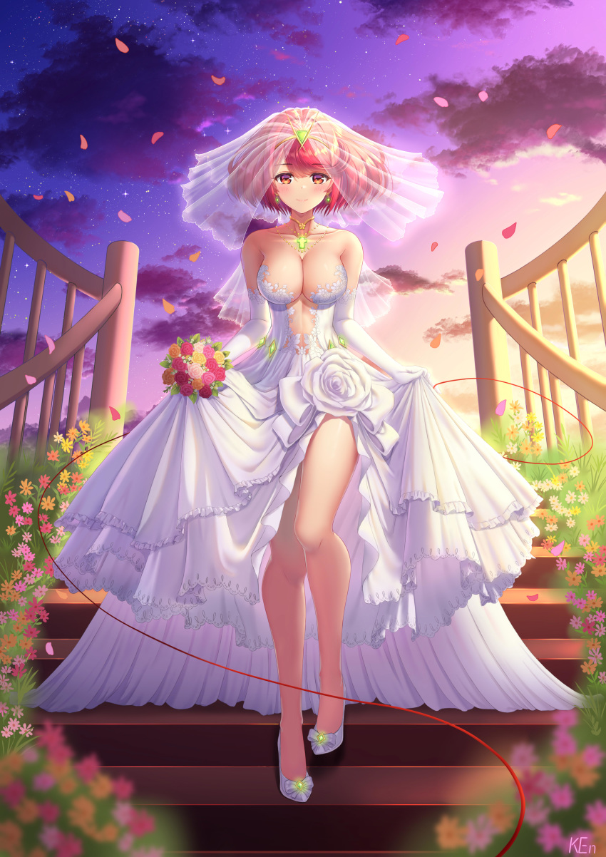1girl, absurdres, bouquet, breasts, bridal_veil, bride, dress, flower