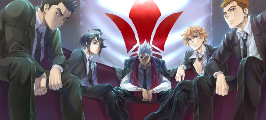 5boys, adjusting_clothes, adjusting_necktie, akihiro_altland, black_hair, black_neckwear, blonde_hair, brown_hair