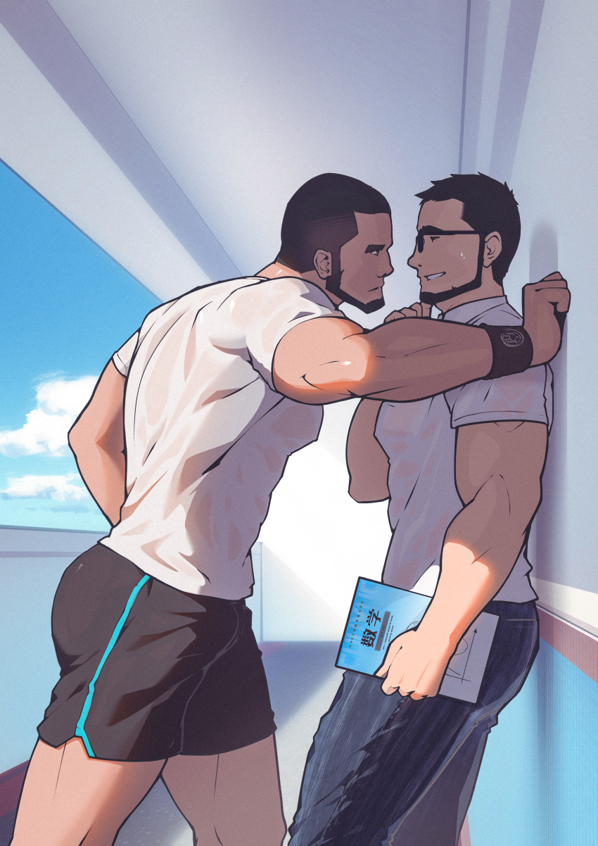 2boys, absurdres, bara, beard, black_hair, black_pants, blush, book, brown_hair, bulge, dolphin_shorts, eye_contact, facial_hair, feet_out_of_frame, fingers_to_chin, glasses, highres, holding, holding_book, looking_at_another, male_focus, multiple_boys, muscle, original, pants, shirt, short_hair, sweatdrop, thick_thighs, thighs, wall_slam, white_shirt, yanxijun, yaoi