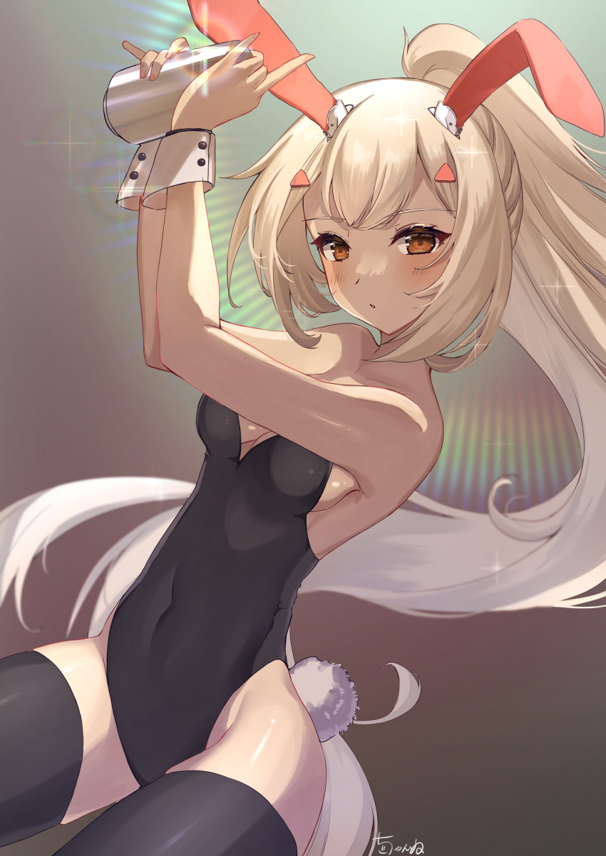 1girl, absurdres, animal_ears, ayanami_(azur_lane), azur_lane, black_legwear, black_leotard, blonde_hair, bunny_tail, chan'nu, cocktail_shaker, commentary_request, cowboy_shot, fake_animal_ears, headgear, high_ponytail, highres, leotard, looking_at_viewer, playboy_bunny, ponytail, rabbit_ears, red_eyes, solo, strapless, strapless_leotard, tail, thigh-highs, wrist_cuffs