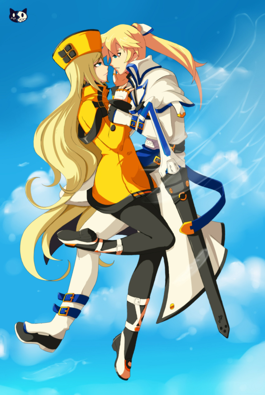 1boy, 1girl, ayb-art, blonde_hair, blue_eyes, guilty_gear, hand_on_another's_face, hat