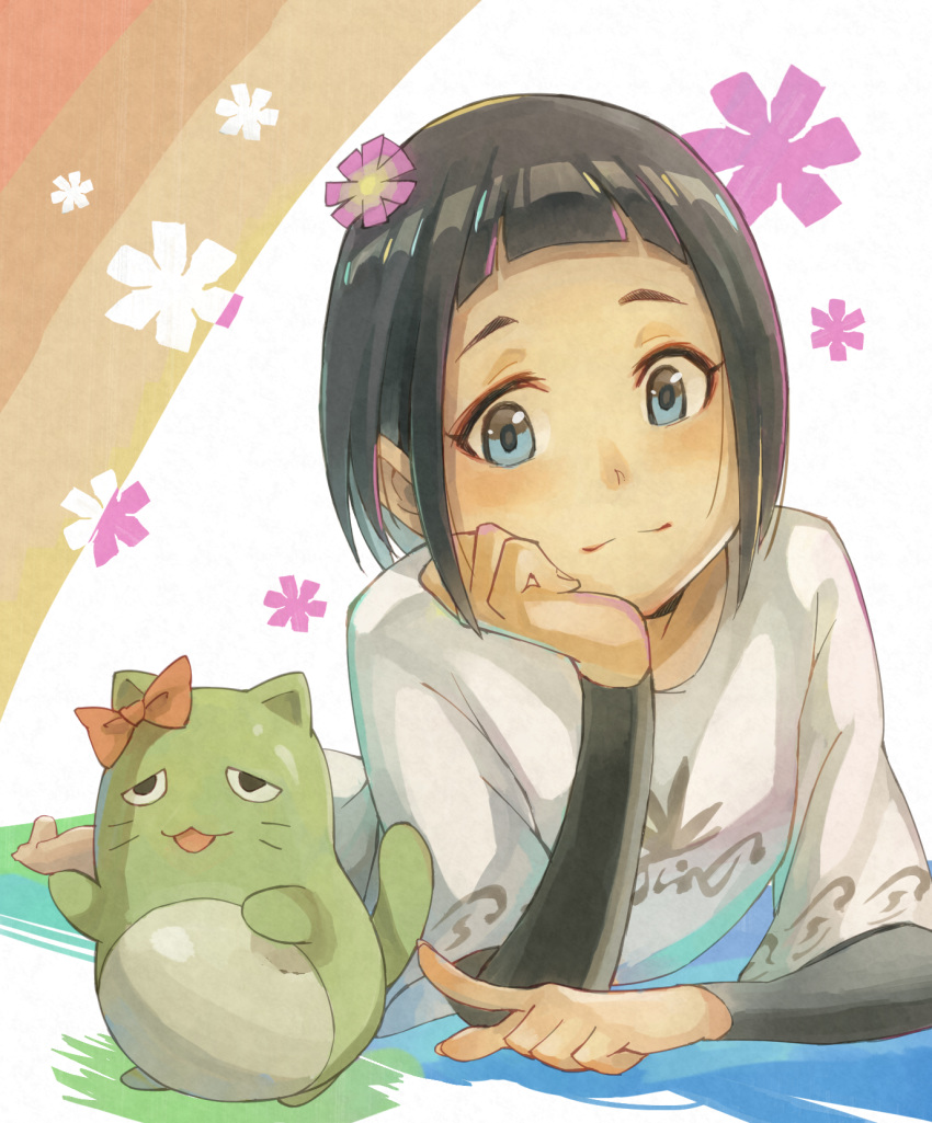 1girl, black_hair, blue_eyes, flower, hair_flower, hair_ornament, highres, idolmaster