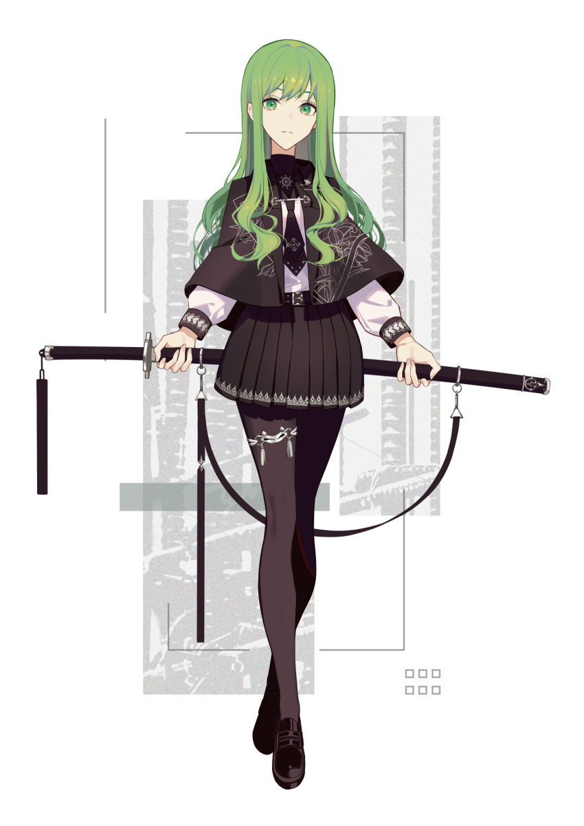 1girl, belt, black_capelet, black_legwear, black_skirt, capelet, frown, full_body