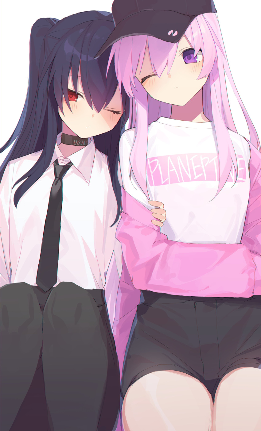 2girls, absurdres, bangs, black_choker, black_hair, black_neckwear, buran_buta, choker