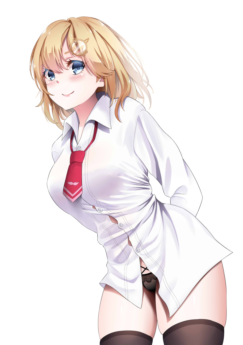 1girl, absurdres, arms_behind_back, bangs, black_legwear, black_panties, blonde_hair, blue_eyes, blush, breasts, button_gap, buttons, highres, hololive, hololive_english, jamesmikopi, large_breasts, looking_at_viewer, loose_necktie, monocle_hair_ornament, mustache_print, necktie, panties, red_neckwear, shirt, short_hair, simple_background, smile, solo, thigh-highs, underwear, virtual_youtuber, watson_amelia, white_background, white_shirt