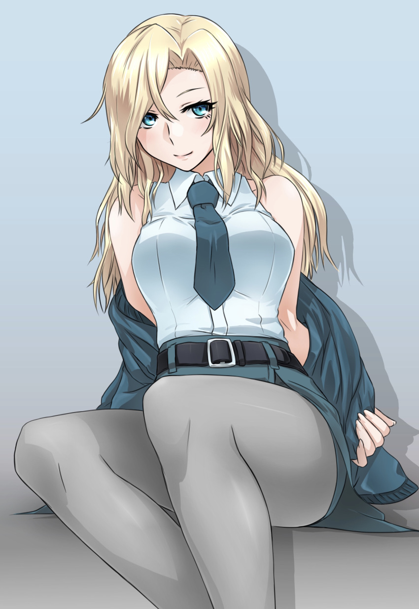 1girl, absurdres, akito_(sub707), bare_shoulders, belt, black_belt, black_jacket, black_legwear, black_neckwear, black_skirt, blonde_hair, bomber_jacket, breasts, collared_shirt, dress_shirt, feet_out_of_frame, grey_eyes, highres, hornet_(kantai_collection), jacket, kantai_collection, large_breasts, long_hair, looking_at_viewer, necktie, pantyhose, pencil_skirt, shirt, skirt, sleeveless, sleeveless_shirt, translation_request, white_shirt