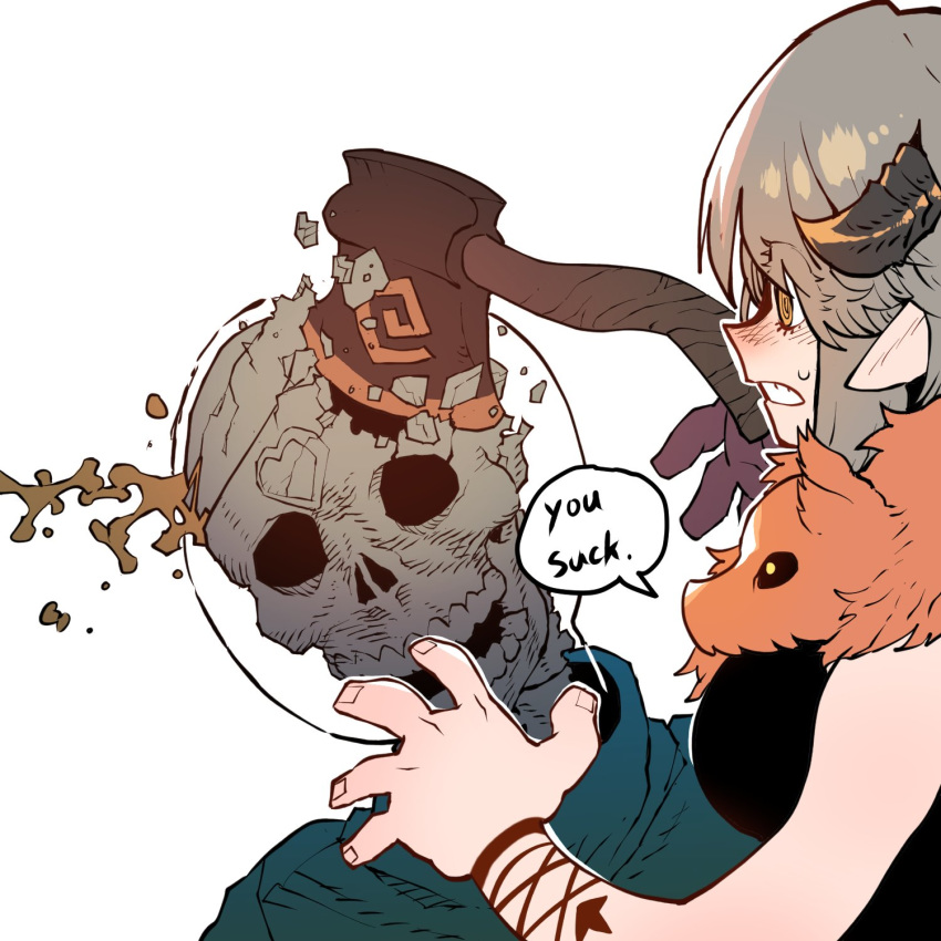1girl, arm_tattoo, axe, axehorn_(ssambatea), broken_skull, commentary, deep_wound, dio_brando