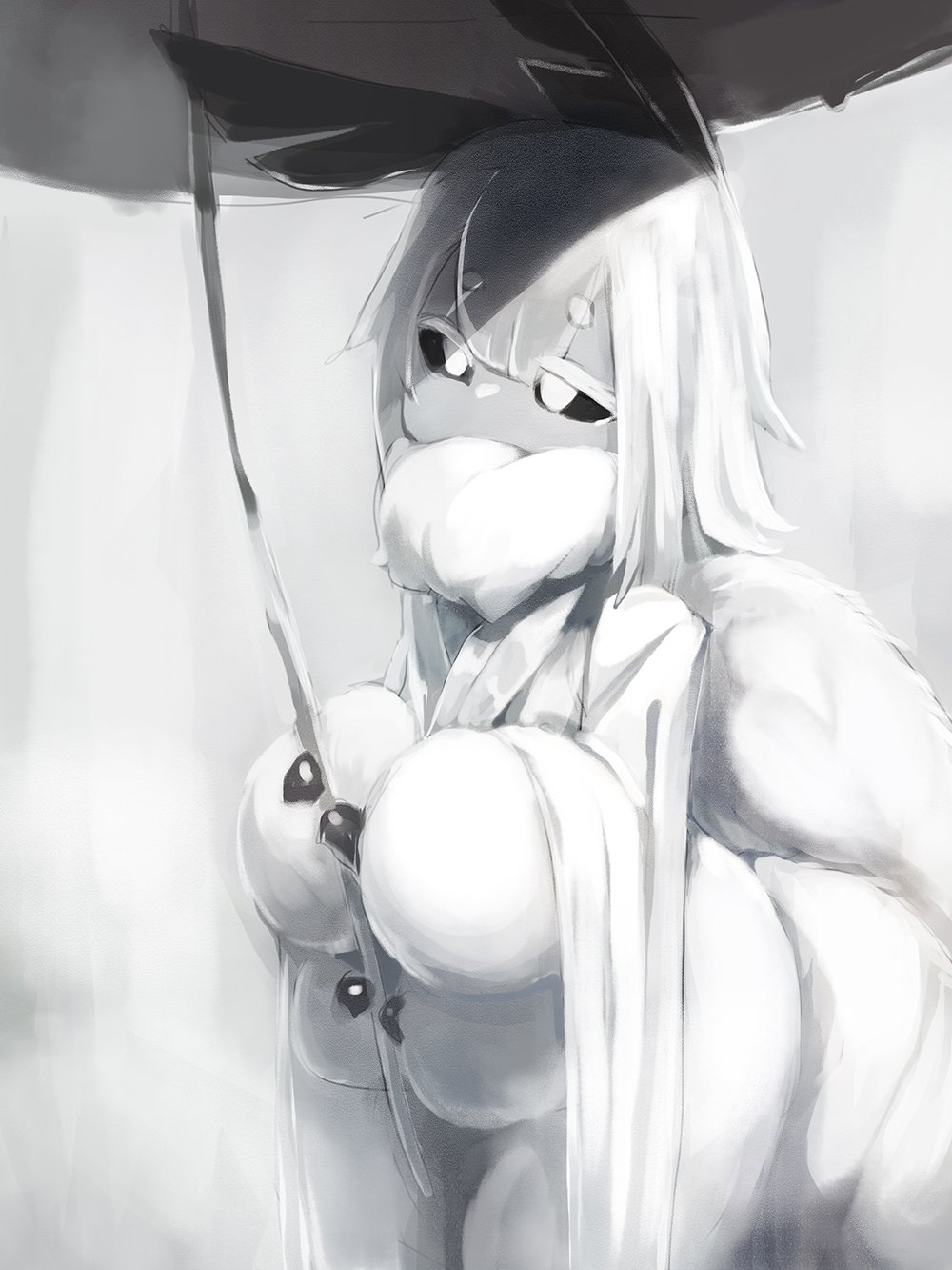 1girl, bangs, black_sclera, diddms1999, fur, highres, insect_girl, insect_wings, monster_girl, moth_(diddms1999), moth_ears, moth_girl, moth_wings, oriental_umbrella, original, scenery, short_eyebrows, short_hair, solo, umbrella, white_eyes, white_hair, wings