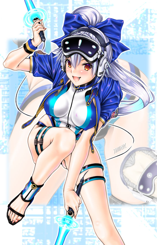 1boy, 1girl, bangs, blue_bow, blue_jacket, blue_swimsuit, blush, bow