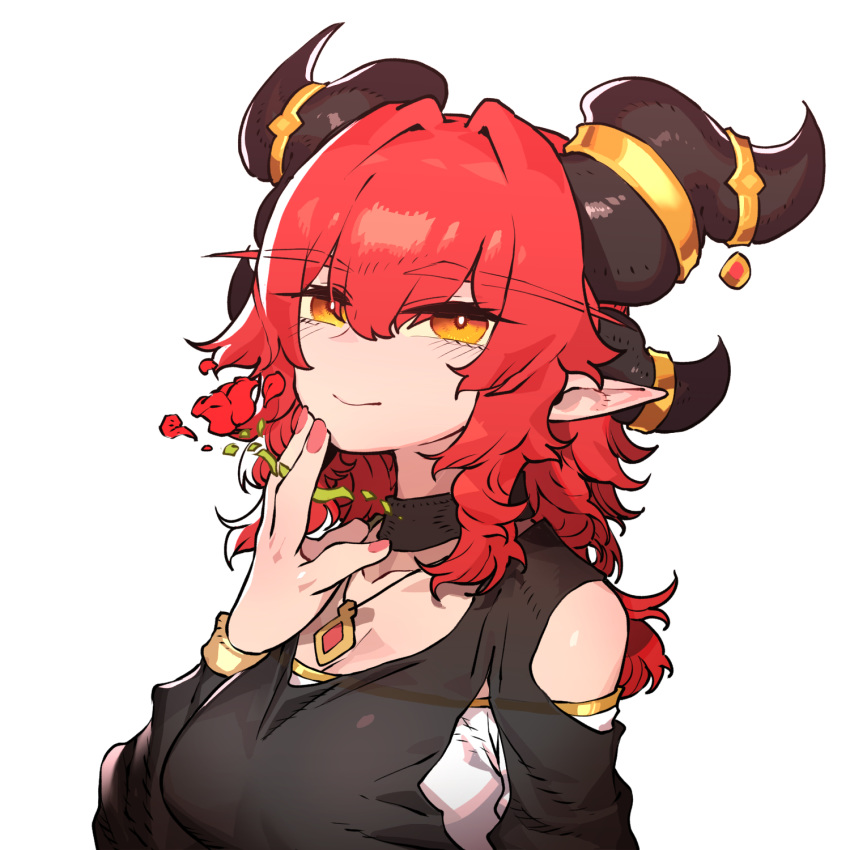 1girl, alexstrasza, black_dress, breasts, closed_mouth, clothing_cutout, commentary, dragon_horns