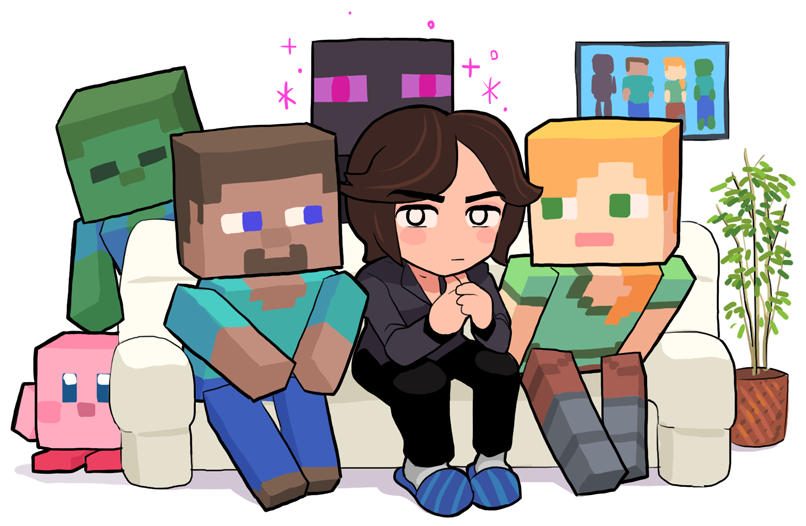 1girl, 1other, 4boys, :|, alex?, aqua_shirt, bangs, black_eyes, black_pants, black_skin, blazer, blonde_hair, blue_eyes, blue_footwear, blue_pants, blush_stickers, bright_pupils, brown_footwear, brown_hair, closed_mouth, commentary, couch, enderman, english_commentary, eyebrows_visible_through_hair, gashi-gashi, green_eyes, green_shirt, green_skin, grey_jacket, hands_together, jacket, kirby, kirby_(series), long_hair, long_sleeves, looking_at_another, looking_at_viewer, minecraft, multiple_boys, nintendo, official_style, on_couch, pants, pink_skin, plant, real_life, sakurai_masahiro, shirt, short_hair, short_sleeves, simple_background, sitting, slippers, socks, sparkle, steve?, striped_footwear, super_smash_bros., swept_bangs, very_short_hair, violet_eyes, white_background, white_legwear, white_pupils, zombie, zombie_(minecraft)