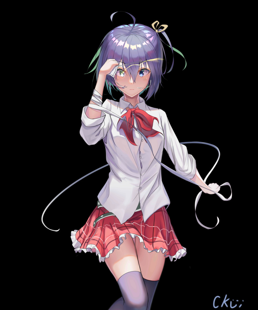 1girl, absurdres, ahoge, artist_name, ascot, bandages, bangs, black_background, black_hair, black_legwear, blue_eyes, blue_hair, blush, breasts, chuunibyou_demo_koi_ga_shitai!, ckui, commentary_request, cowboy_shot, dark_background, dress_shirt, error, eyepatch, eyepatch_removed, frilled_skirt, frills, glowing, glowing_eye, hair_between_eyes, hair_ribbon, heterochromia, highres, holding, kyoto_animation, long_sleeves, looking_at_viewer, miniskirt, one_side_up, plaid, plaid_skirt, red_neckwear, red_skirt, ribbon, school_uniform, shirt, short_hair, simple_background, skirt, solo, standing, takanashi_rikka, thigh-highs, white_shirt, yellow_eyes, yellow_ribbon, zettai_ryouiki