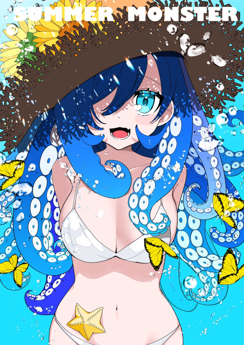 1girl, air_bubble, arms_behind_back, bikini, blue_eyes, blue_hair, breasts, bubble, bug, butterfly, fang, flower, hair_over_one_eye, hat, hat_flower, highres, insect, large_breasts, looking_at_viewer, open_mouth, original, solo, starfish, straw_hat, suction_cups, sunflower, swimsuit, tentacle_hair, tongue, watariganikun, white_bikini