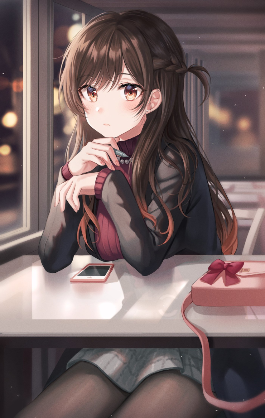 1girl, bag, bangs, black_jacket, black_legwear, blurry, blurry_background, blush