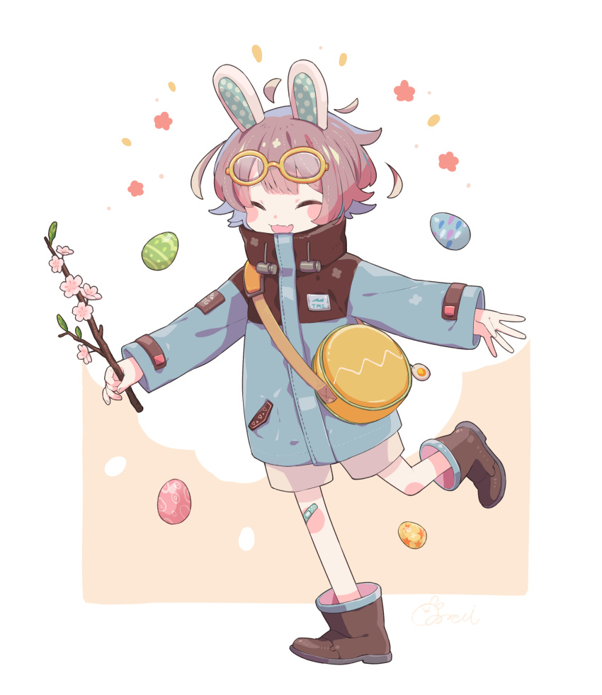 1other, absurdres, animal_ears, bag, bandaid, bandaid_on_knee, blue_coat, blush, boots, branch, brown_footwear, brown_hair, cherry_blossoms, child, closed_eyes, coat, easter_egg, egg, eyewear_on_head, fang, flower, glasses, high_collar, highres, holding, holding_branch, open_mouth, original, pink_flower, rabbit_ears, running, short_hair, shorts, shoulder_bag, skin_fang, smile, solo, sorata123, standing, standing_on_one_leg, two-tone_background, white_shorts, yellow-framed_eyewear